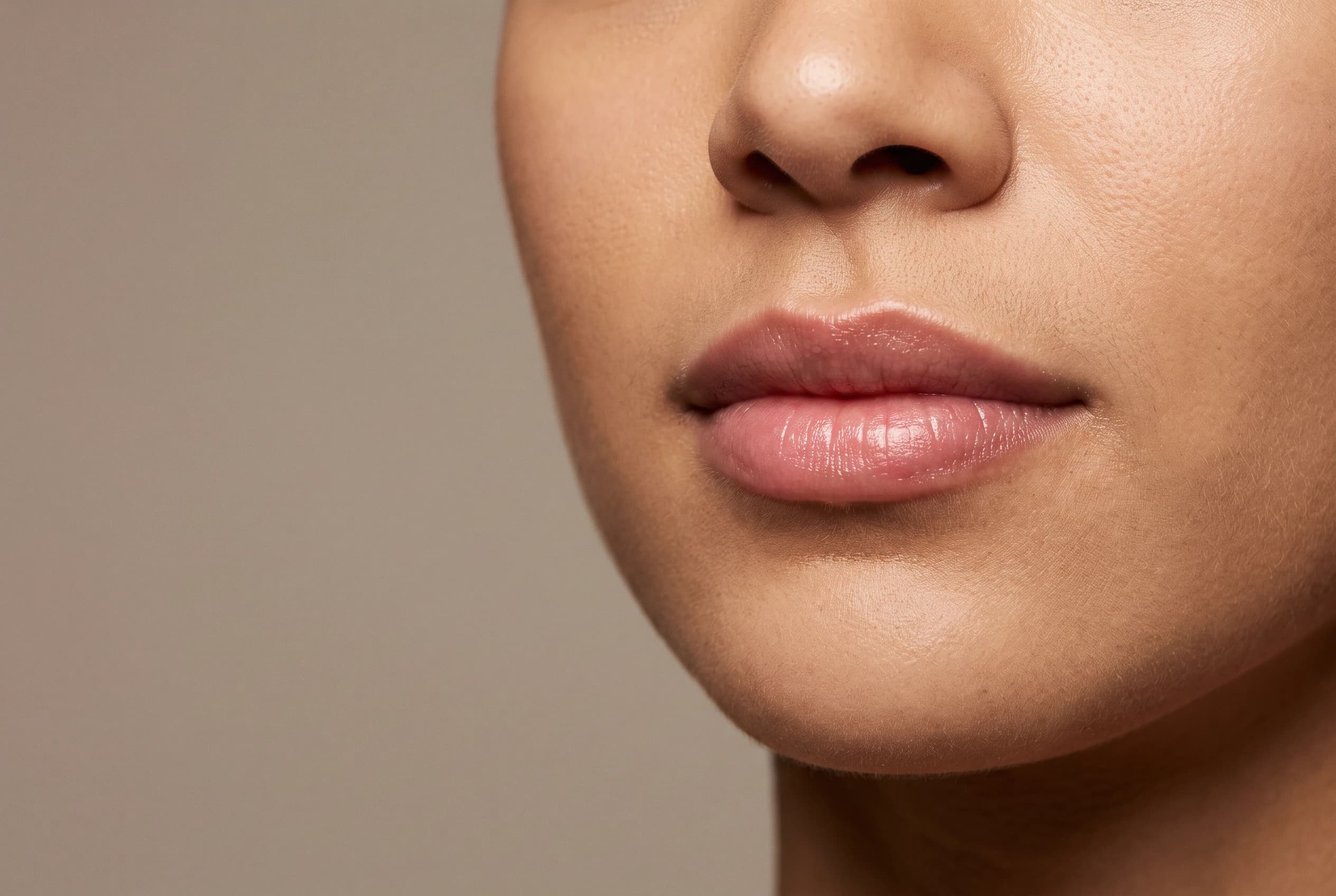 Close dos lábios hidratados após preenchimento labial, com contorno natural e arco do Cupido definido